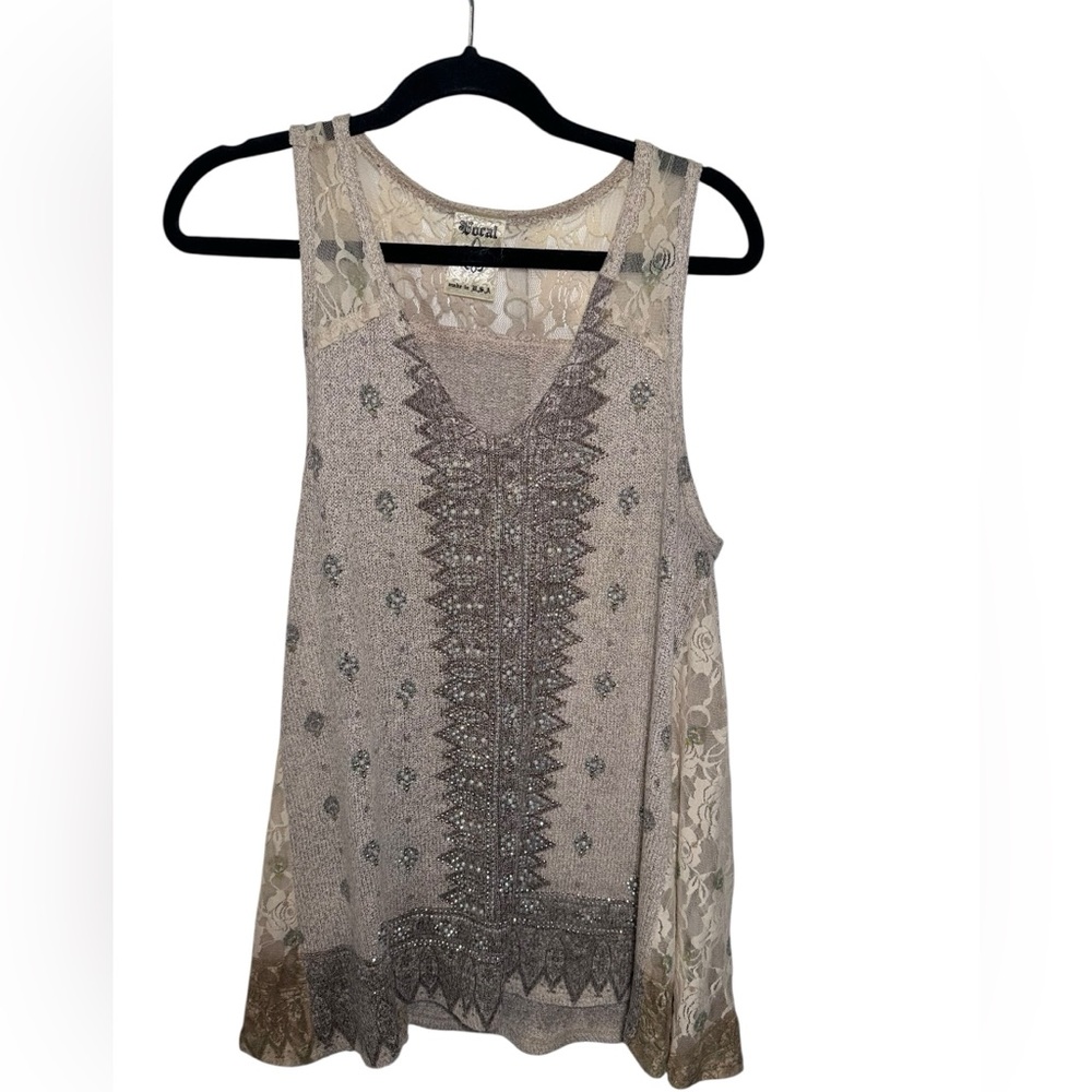 Vocal Apparel Mystic Shimmer Lace Tank in Beige Size Large Lightweight V Neck